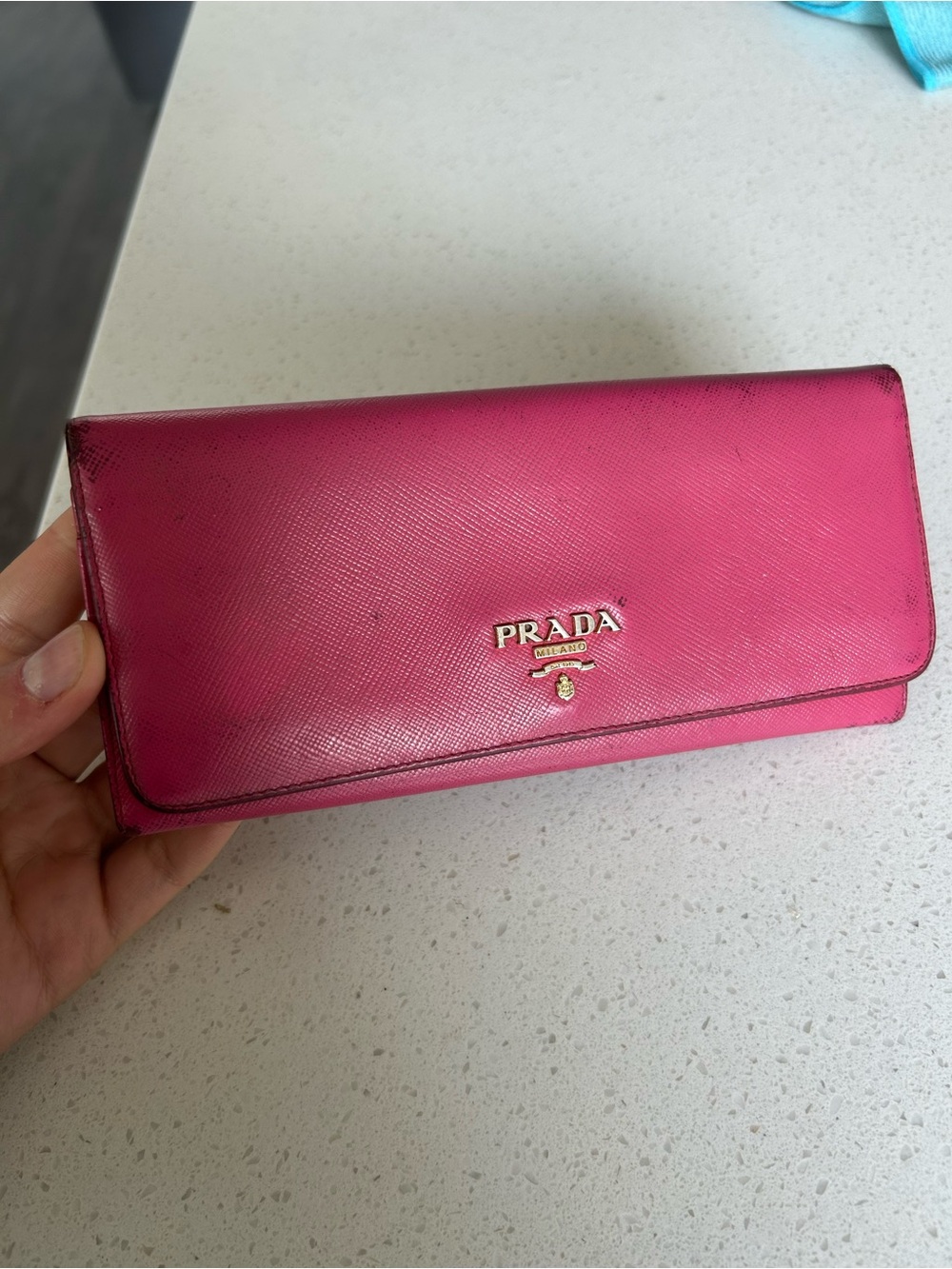 Prada Hot Pink Saffiano Continental Wallet with Gold Logo